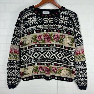 Newport News Womens Knit Sweater size Small Rose print Grandmacore